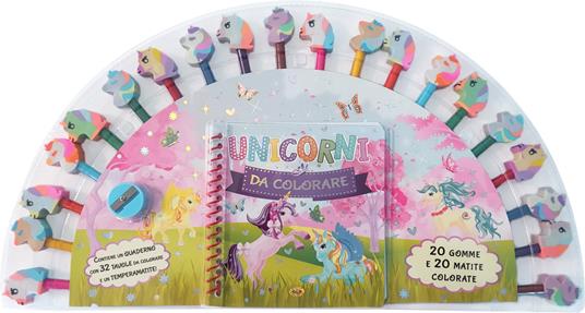 Unicorni da colorare. Ediz. a colori. Ediz. a spirale. Con 20 gomme. Con 20 matite. Con temperamatite - copertina