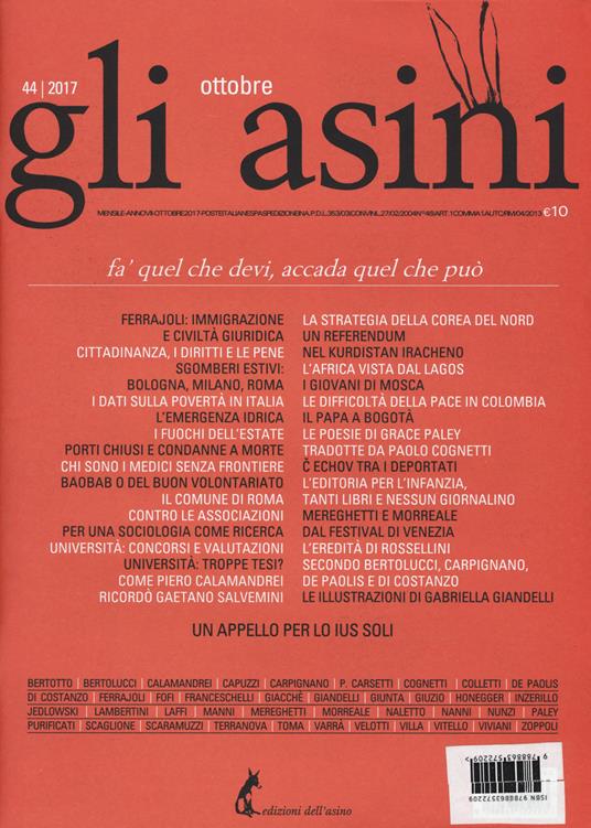 Gli asini. Rivista di educazione e intervento sociale (2017). Vol. 44: Fai quel che devi, accada quel che può - copertina