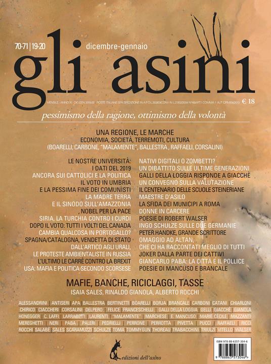 Gli asini. Rivista di educazione e intervento sociale (2019-2020). Vol. 70-71: Pessimismo della ragione, ottimismo della volontà. - copertina