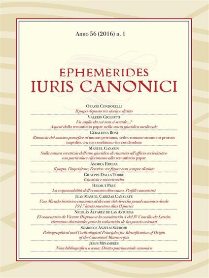 Ephemerides Iuris canonici (2016). Vol. 1 - Nicolás Álvarez de las Asturias,Szabolcs Anzelm Szuromi,Geraldina Boni,Orazio Condorelli - ebook
