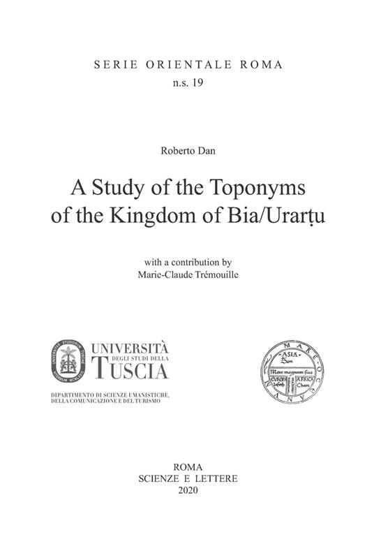 A Study of Toponyms of the Kingdom of Bia/Urartu - Roberto Dan - copertina
