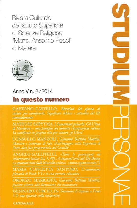 Studium personae. Rivista culturale dell'Istituto superiore di scienze religiose Mons. A. Pecci di Matera (2014). Vol. 2 - copertina