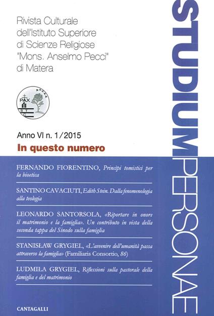 Studium personae. Rivista culturale dell'Istituto superiore di scienze religiose Mons. A. Pecci di Matera (2015). Vol. 1 - copertina