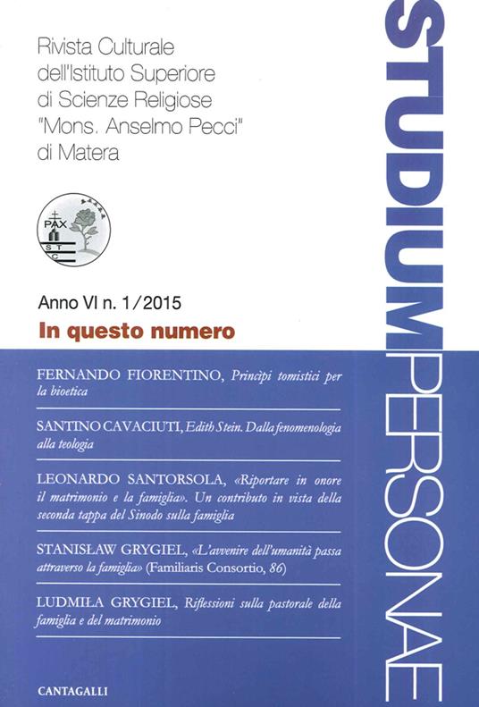 Studium personae. Rivista culturale dell'Istituto superiore di scienze religiose Mons. A. Pecci di Matera (2015). Vol. 1 - copertina