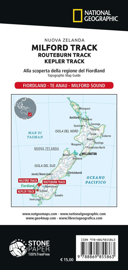 Milford Track-Routeburn Track-Kepler Track. Nuova Zelanda. Alla scoperta della regione del Fiordland. Topographic map guide - 3