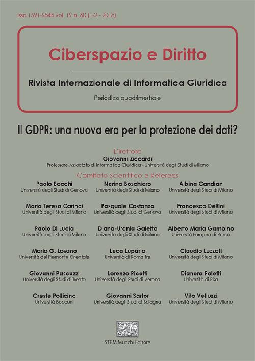 Ciberspazio e diritto. Il GDPR: una nuova era per la protezione dei dati? (2018). Vol. 1-2 - copertina