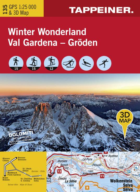 Winter wonderland Val Gardena. Carta topografica 1:25.000. Con panoramiche 3D. Ediz. italiana e tedesca - copertina