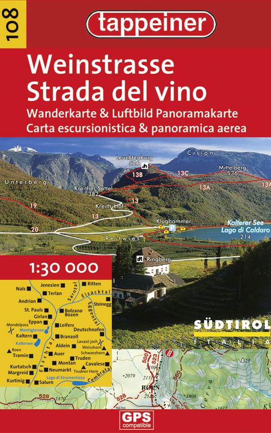 Strada del vino. Carta escursionistica & panoramica aerea 1:25.000. Ediz. italiana e tedesca - copertina
