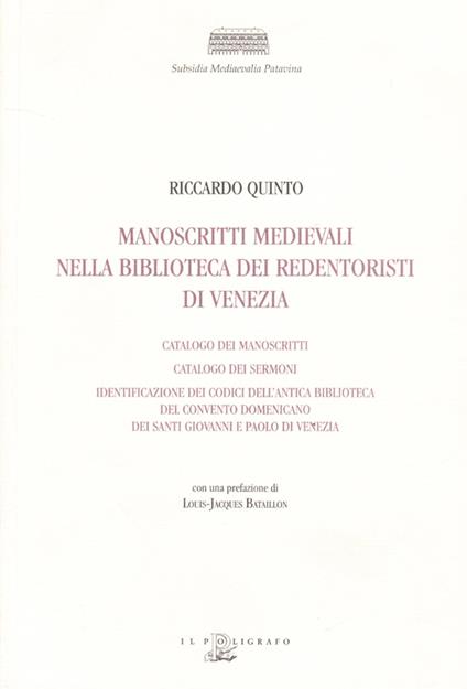 Manoscritti medievali nella Biblioteca dei Redentoristi a Venezia - Riccardo Quinto - copertina