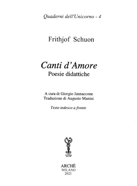 Canti d'amore. Poesie didattiche. Testo tedesco a fronte. Ediz. multilingue - Frithjof Schuon - copertina