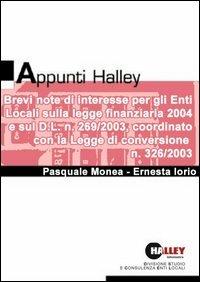 Brevi note di interesse per gli enti locali sulla legge finanziaria 2004 - Pasquale Monea,Ernesta Iorio - copertina