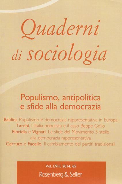 Quaderni di sociologia. Vol. 65: Populismo, antipolitica e sfide alla democrazia. - copertina