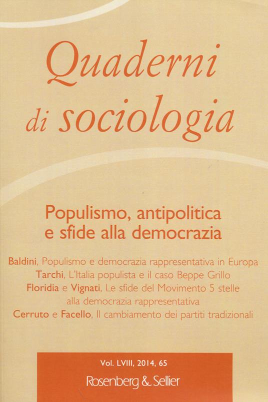 Quaderni di sociologia. Vol. 65: Populismo, antipolitica e sfide alla democrazia. - copertina