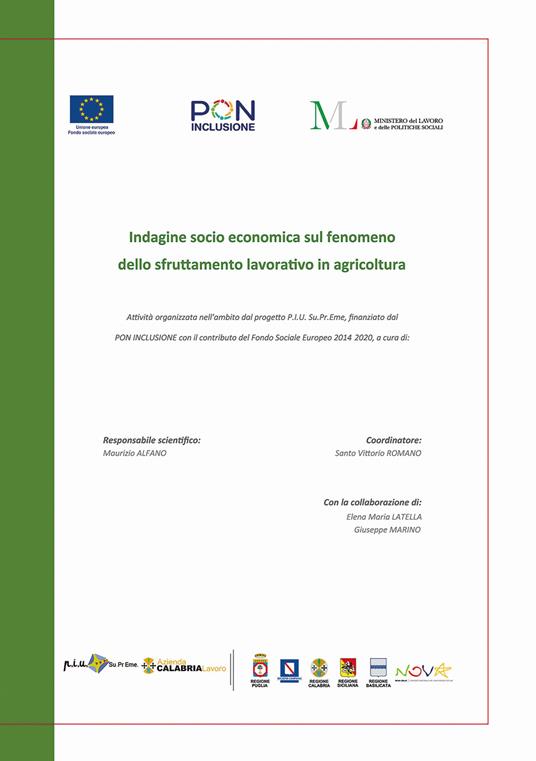 Indagine socio economica sul fenomeno dello sfruttamento lavorativo in agricoltura - copertina