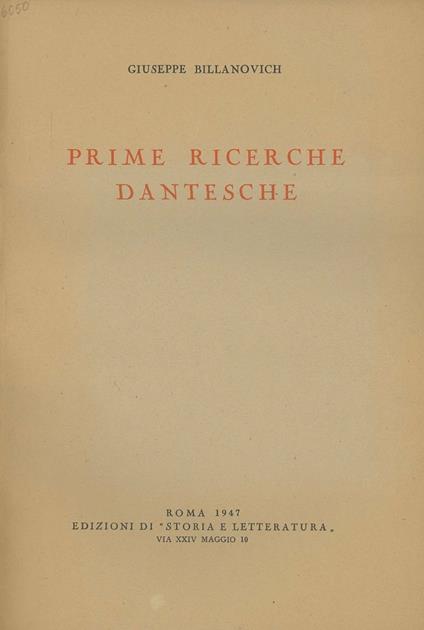 Prime ricerche dantesche - Giuseppe Billanovich - copertina