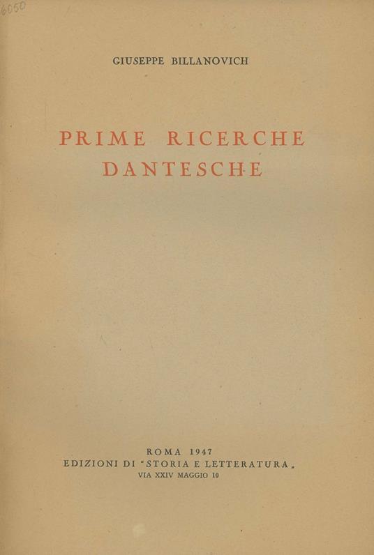 Prime ricerche dantesche - Giuseppe Billanovich - copertina