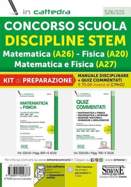 Concorso Scuola Discipline STEM Matematica (A26) Fisica (A20) Matematica e Fisica (A27). Kit di preparazione. Manuale disciplinare + Quiz Commentati. Con espansione online. Con software di simulazione - copertina