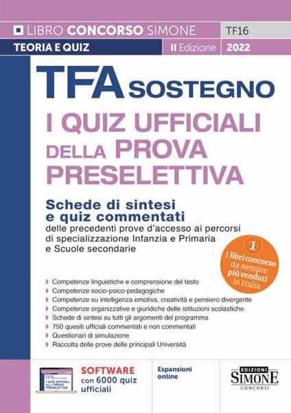 TFA Sostegno. I quiz ufficiali della prova preselettiva. Schede di sintesi e quiz commentati. Con software di simulazione - copertina