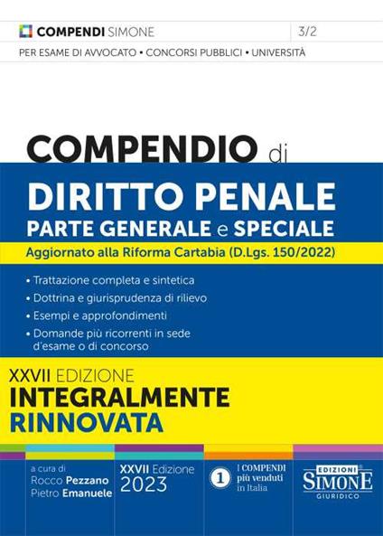 Compendio di Diritto Penale parte Generale e Speciale. Aggiornato alla Riforma Cartabia (D.Lgs. 150/2022) - copertina