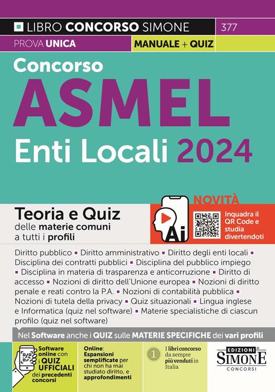 Concorso ASMEL Enti Locali 2024. Teoria e quiz delle materie comuni a tutti i profili. Con espansione online. Con software di simulazione - copertina