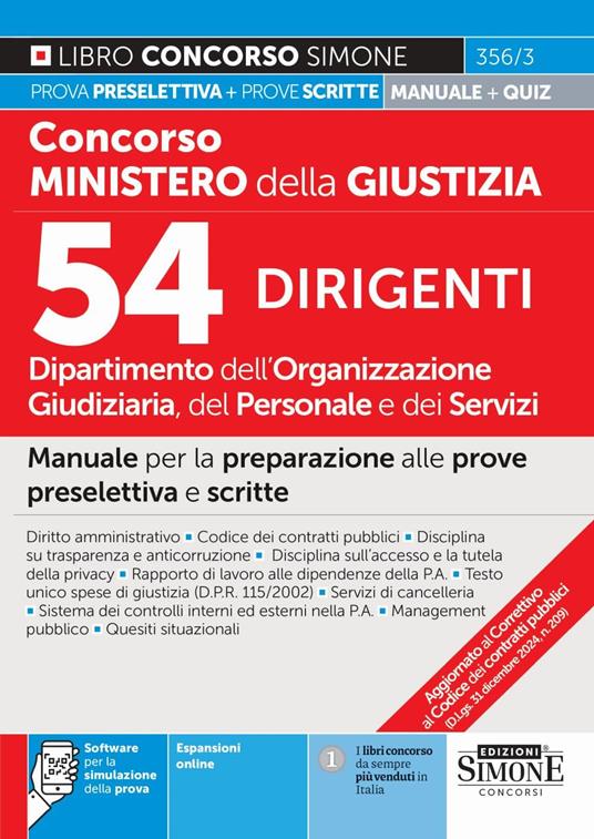 Concorso Ministero della Giustizia 2025. Dipartimento dell'Organizzazione giudiziaria del personale e dei servizi. 54 dirigenti. Con espansioni online. Con software di simulazione - copertina