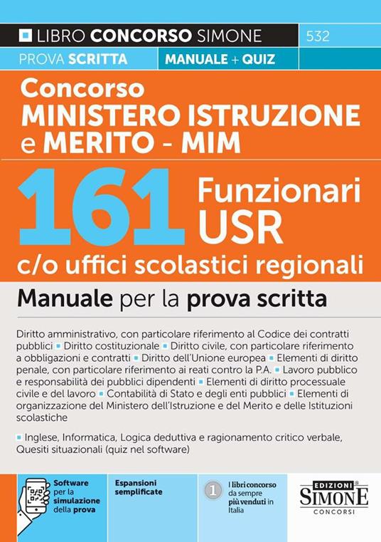 Concorso Ministero Istruzione. 161 funzionari USR c/o uffici scolastici regionali. Manuale per la prova scritta. Con espansioni semplificate. Con software per la simulazione della prova - copertina