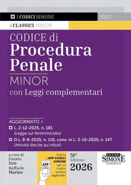 Codice di procedura penale Minor. Leggi complementari. Con APP CODICI SIMONE per un codice sempre aggiornato - copertina