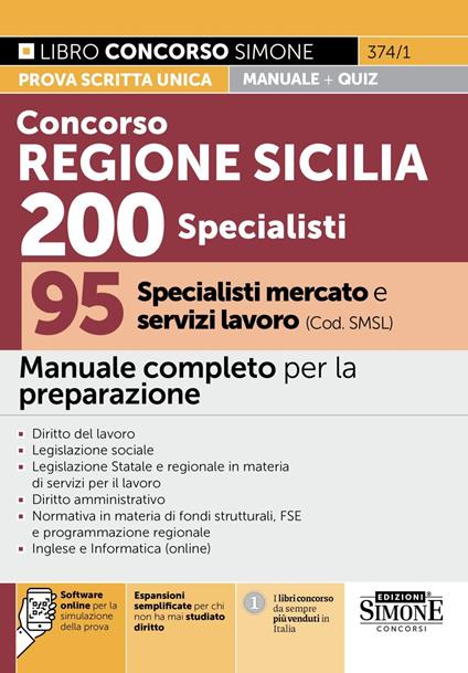 349/1 Concorso Regione Sicilia 200 Specialisti - 95 Specialisti mercato e servizi lavoro (cod. SMSL) - Manuale completo per la preparazione - copertina