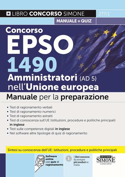Concorso EPSO 1490 Amministratori nell'Unione Europea (AD 5). Manuale per la preparazione. Con software online con quiz di ragionamento - copertina
