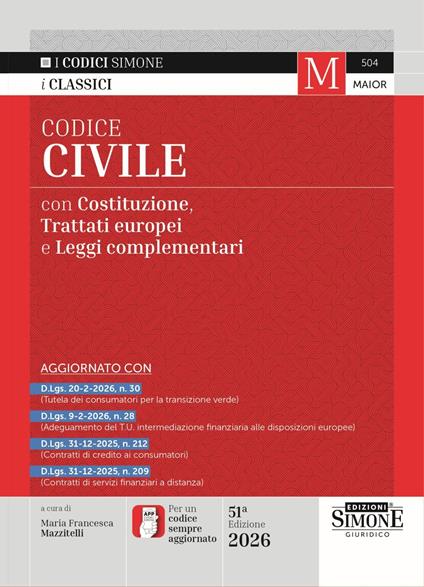 Codice civile. Con Costituzione, Trattato UE e leggi complementari. Con Scarica l'APP CODICI SIMONE per un codice sempre aggiornato - copertina