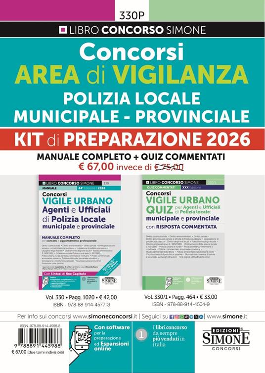 Concorsi area di vigilanza Polizia Locale. Municipale. Provinciale. Kit di preparazione 2026. Con espansione online. Con software per la preparazione - copertina