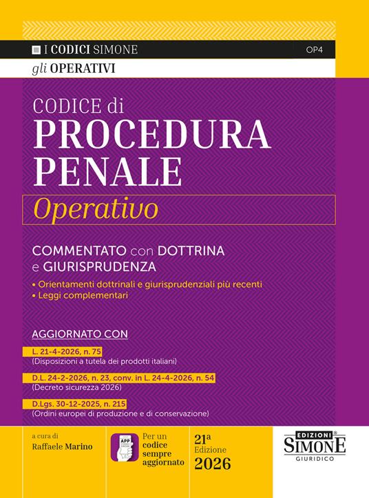 Codice di procedura penale operativo 2026. Commentato con dottrina e giurisprudenza. Nuova ediz. Con L'APP CODICI SIMONE per un codice sempre aggiornato - copertina