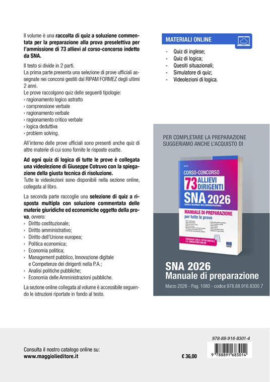 Concorso 73 allievi dirigenti SNA 2026. Quiz con soluzione commentata per la prova selettiva. Con espansione online - 2