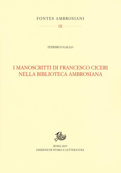 I manoscritti di Francesco Ciceri nella Biblioteca Ambrosiana - Federico Gallo - copertina