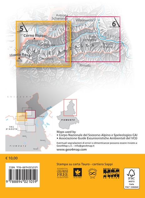 Carta escursionistica Valle Anzasca quadrante Ovest. Ediz. italiana, inglese e tedesca. Vol. 6: Monte Rosa, Macugnaga. - 2