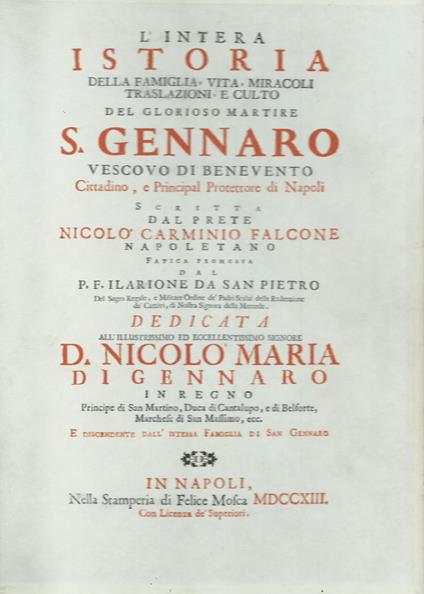 L' intera istoria del glorioso martire san Gennaro. Della famiglia, vita, miracoli, traslazioni e culto - Nicolò Carminio Falcone - copertina