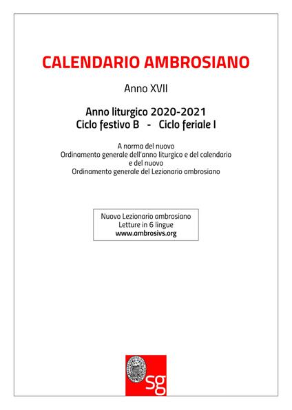 Calendario ambrosiano. Anno liturgico 2018-2019. Ciclo festivo C. Ciclo feriale I - copertina