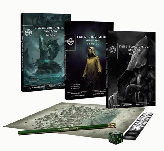 The Necronomicon Gamebook Collection. La serie completa del librogame del Necromicon e il playset. Ediz. illustrata. Con Mappa, scheda, segnalibro, matita, dado - Valentino Sergi,Howard P. Lovecraft,Robert William Chambers - copertina