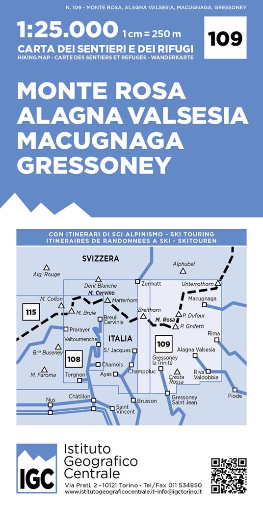 Carta n. 109 Monte Rosa, Alagna Valsesia, Macugnaga, Gressoney 1:25.000. Carta dei sentieri e dei rifugi - copertina