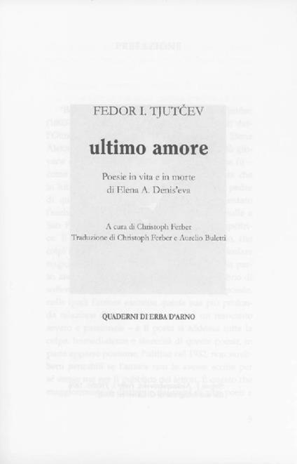 Ultimo amore. Poesie in vita e in morte di Elena A. Denis'eva - Fedor I. Tjutcev - copertina