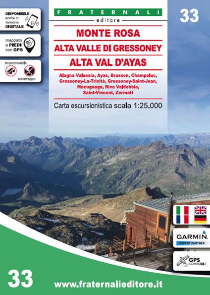 Carta n. 33. Monte Rosa, Alta Valle di Gressoney, Alta Val d'Ayas. Carta escursionistica 1:25.000 - copertina