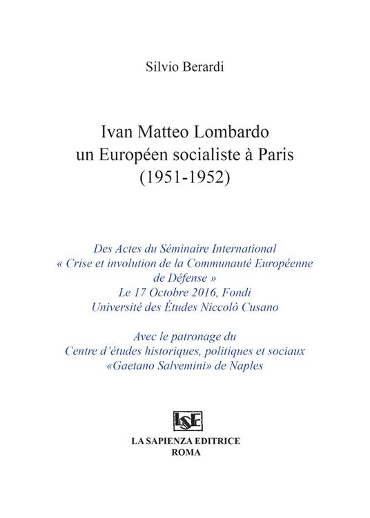 Ivan Matteo Lombardo un européen socialiste a Paris (1951-1952) - Silvio Berardi - copertina
