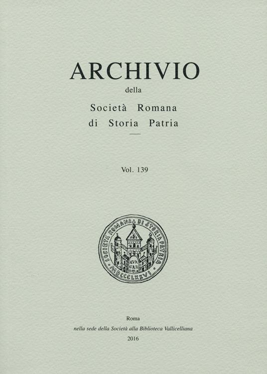 Archivio della Società romana di storia patria. Vol. 139 - copertina