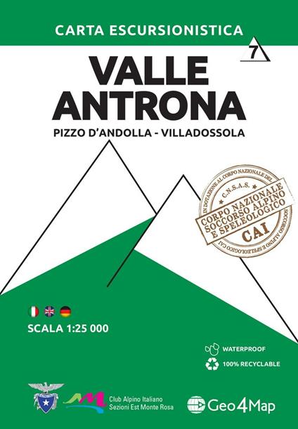 Carta escursionistica valle Antrona. Scala 1:25.000. Ediz. italiana, inglese e tedesca. Vol. 7: Pizzo d'Andolla, Villadossola - copertina