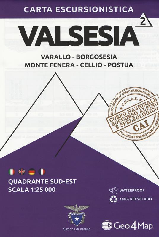 Carta escursionistica Valsesia. Scala 1:25.000. Ediz. italiana, inglese, tedesca e francese. Vol. 2: Quadrante sud-est: Varallo, Borgosesia, Monte Fenera, Cellio, Postua - copertina