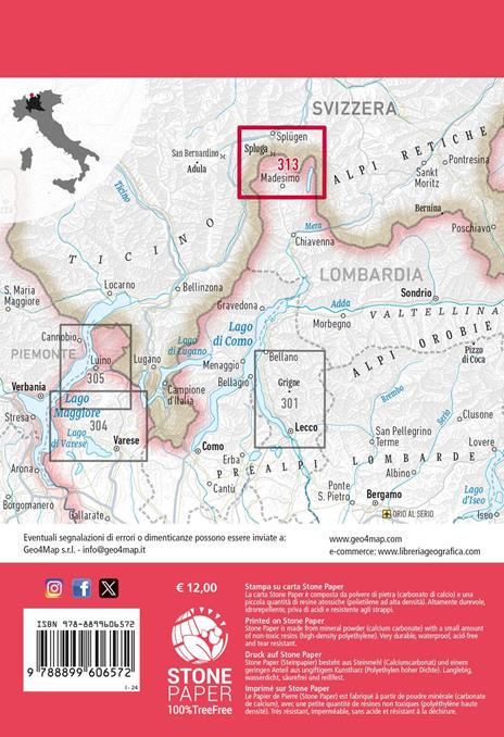 313 Passo dello Spluga. Madesimo-Val di Lei-Splügen. Carta escursionistica 1:25.000. Ediz. multilingue - 4
