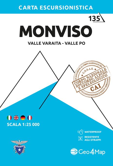 135 Monviso. Valle Varaita, Valle Po. Carta escursionistica 1:25 000. Ediz. multilingue - copertina
