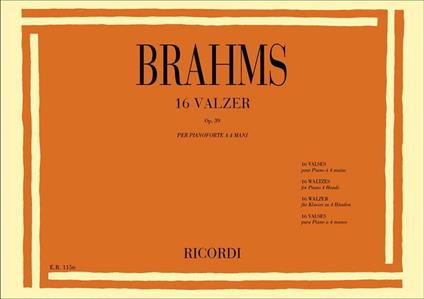  16 Valzer Op. 39. per pianoforte a 4 mani -  Johannes Brahms - copertina