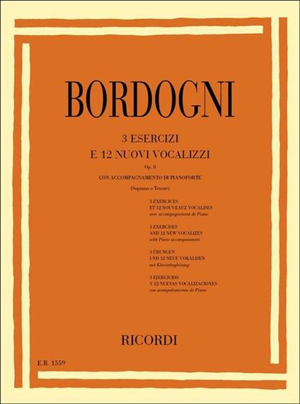 3 Esercizi e 12 Nuovi Vocalizzi Op. 8. Voce e Pianoforte -  Marco Bordogni - copertina
