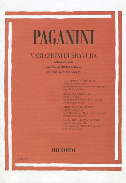  Variazioni di Bravura Sulla IV Corda Sopra Temi. Paganini. Violino pianoforte -  Niccolò Paganini - copertina